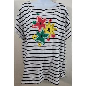 Kim Rogers Curvy White Black Stripe Drop Shoulder Art T-Shirt Top 2X Lightweight